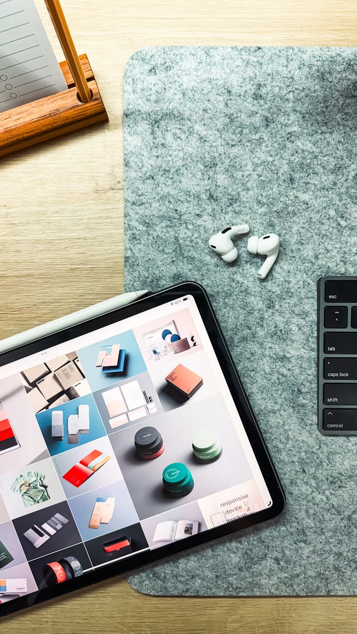 Flat lay of an iPad, AirPods Pro, and keyboard for a tech-savvy workspace setup.